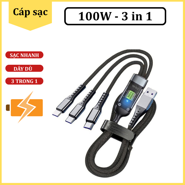 Dây cáp sạc siêu nhanh 3 đầu 3in1 .Dây Sạc Tự Ngắt 100W Tích Hợp 3 Cổng Micro Usb Type C dây dù chống đứt chống cháy
