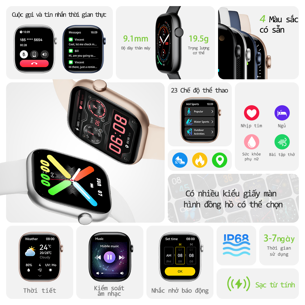 Huafit S10 Đồng hồ thông rẻ minh 9.1mm Siêu mỏng Đo tốc độ chạy Gọi điện qua Bluetooth Chống nước IP68 Theo dõi sức khỏe