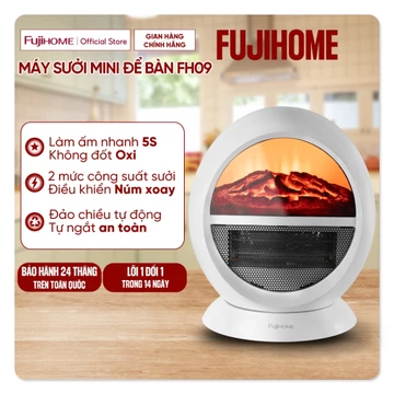 Máy sưởi ấm mini đề bàn Fujihome FH09 Công suất 2000W, quạt sưởi 2 mức công suất sưởi hiệu ứng lò sưởi chống quá nhiệt
