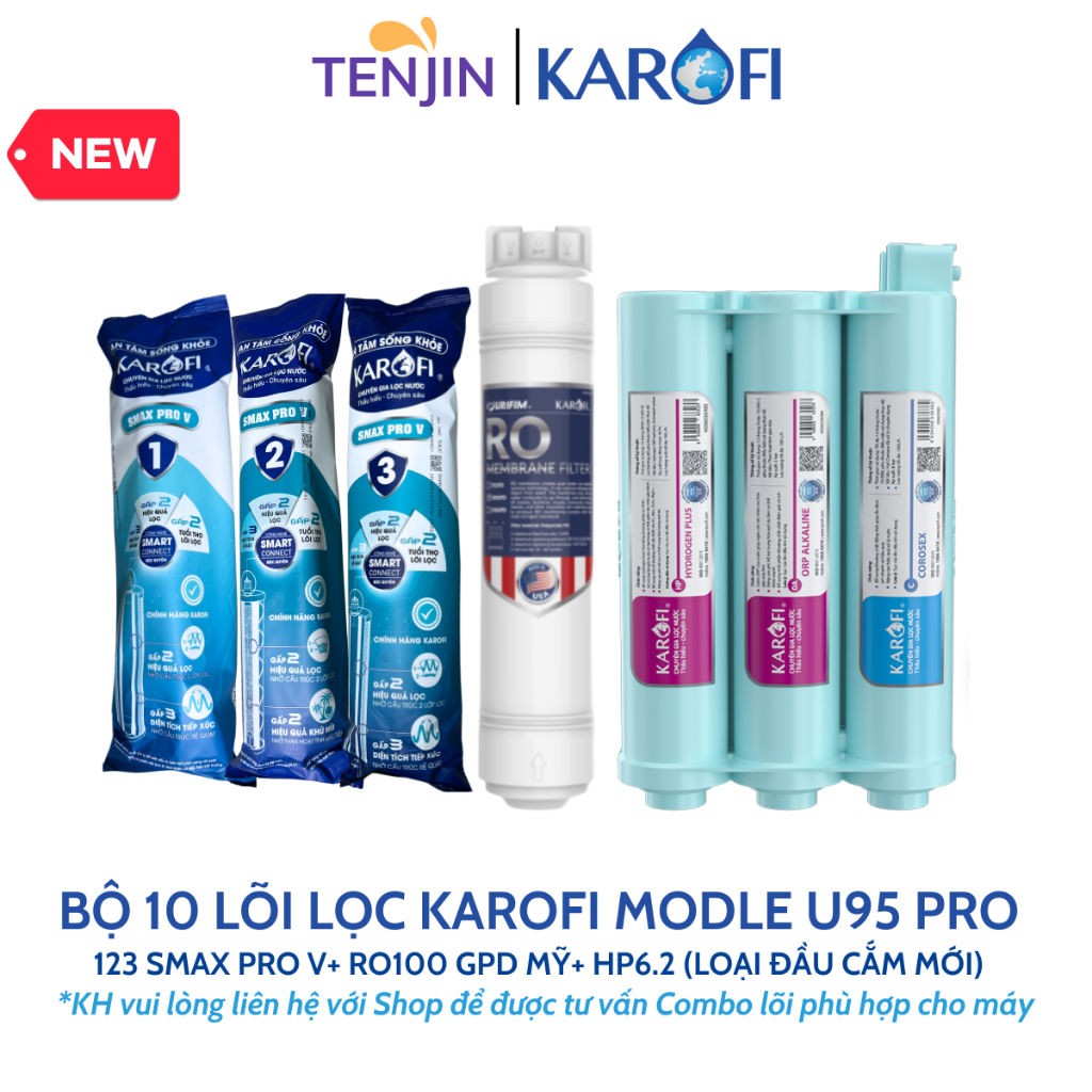 Combo 10 Lõi Lọc Nước KAROFI Dùng Cho  Model KAQ-U95 PRO, KAQ-M22 (123 Smax Pro V, RO 100GPD Mỹ 3 chấu, HP 6.2 ION)