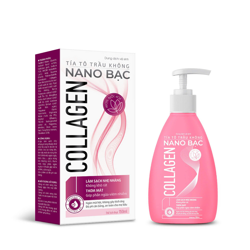 Dung Dịch Vệ Sinh Phụ Nữ Collagen Nano Bạc  Chai 150ML - Giúp Ngăn Mùi, Cân Bằng Độ PH [ Chai Hồng Tam Giác ]