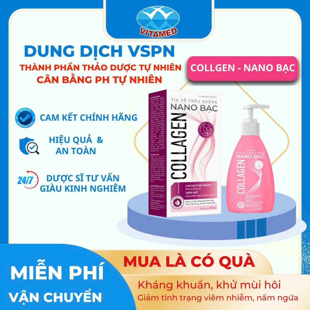 Dung Dịch Vệ Sinh Phụ Nữ Collagen Nano Bạc  Chai 150ML - Giúp Ngăn Mùi, Cân Bằng Độ PH [ Chai Hồng Tam Giác ]