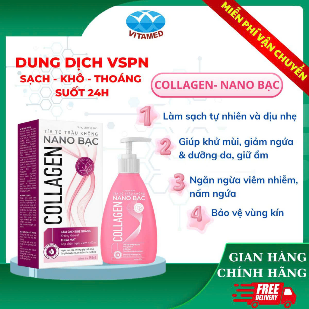 Dung Dịch Vệ Sinh Phụ Nữ Collagen Nano Bạc  Chai 150ML - Giúp Ngăn Mùi, Cân Bằng Độ PH [ Chai Hồng Tam Giác ]