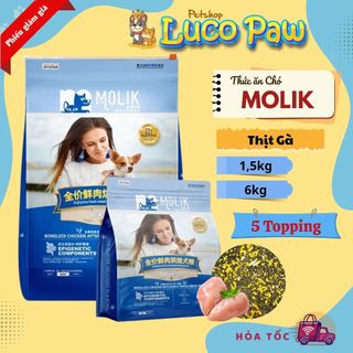 Hạt Cho Chó MOLIK 6kg với 5 loại topping Thanh sữa dê , thịt gà xé , ruốc gà ,chăm sóc tiêu hóa_