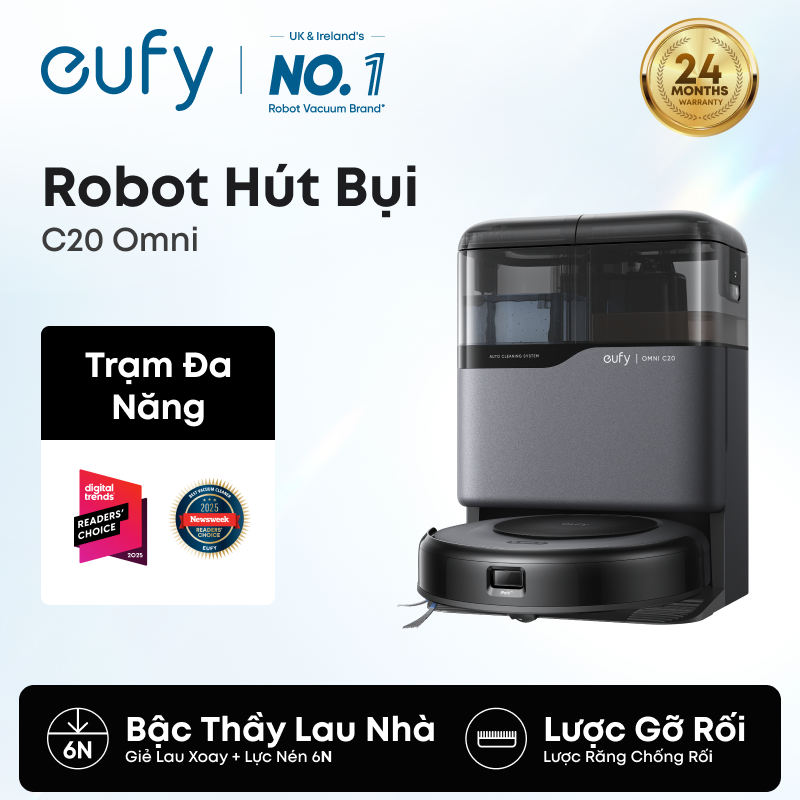 【Bán chạy nhất】Robot hút bụi eufy Omni C20, lực hút mạnh 7000Pa, thân máy siêu mỏng 3.35 inch, tự đổ rác, tự giặt & sấy