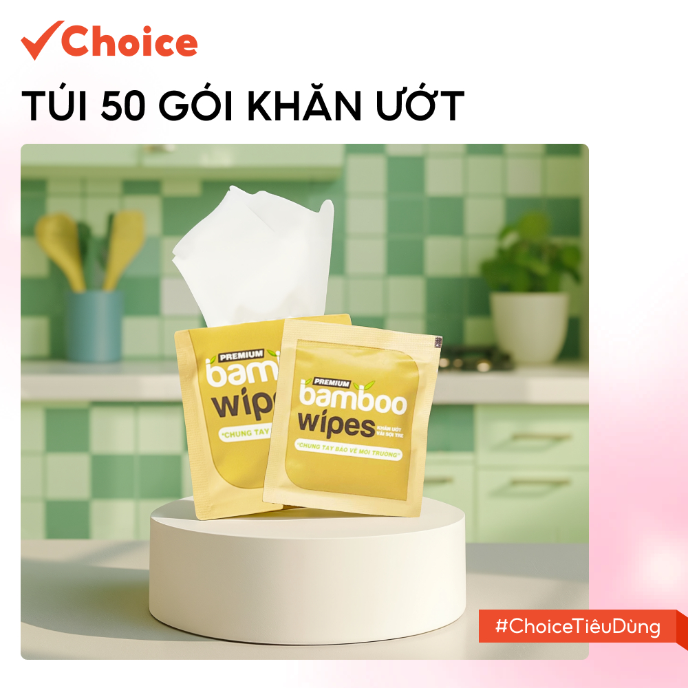 [Choice] Túi 50 Gói Khăn Ướt Vải Sợi Tre FM1-1425-34 Size 1 Tờ Không Mùi, An Toàn Cho Bé