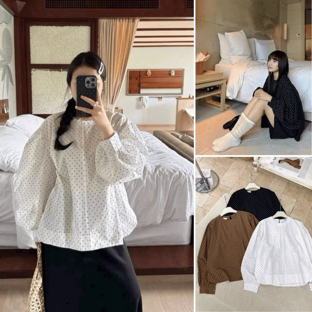 ( Hàng Đẹp Có Sẵn) Áo Thô Hàn Chấm Bi Tay Dài Xẻ, Tay Bồng Phong Cách Hoàn Quốc, Mặc Đi Làm, Đi Chơi
