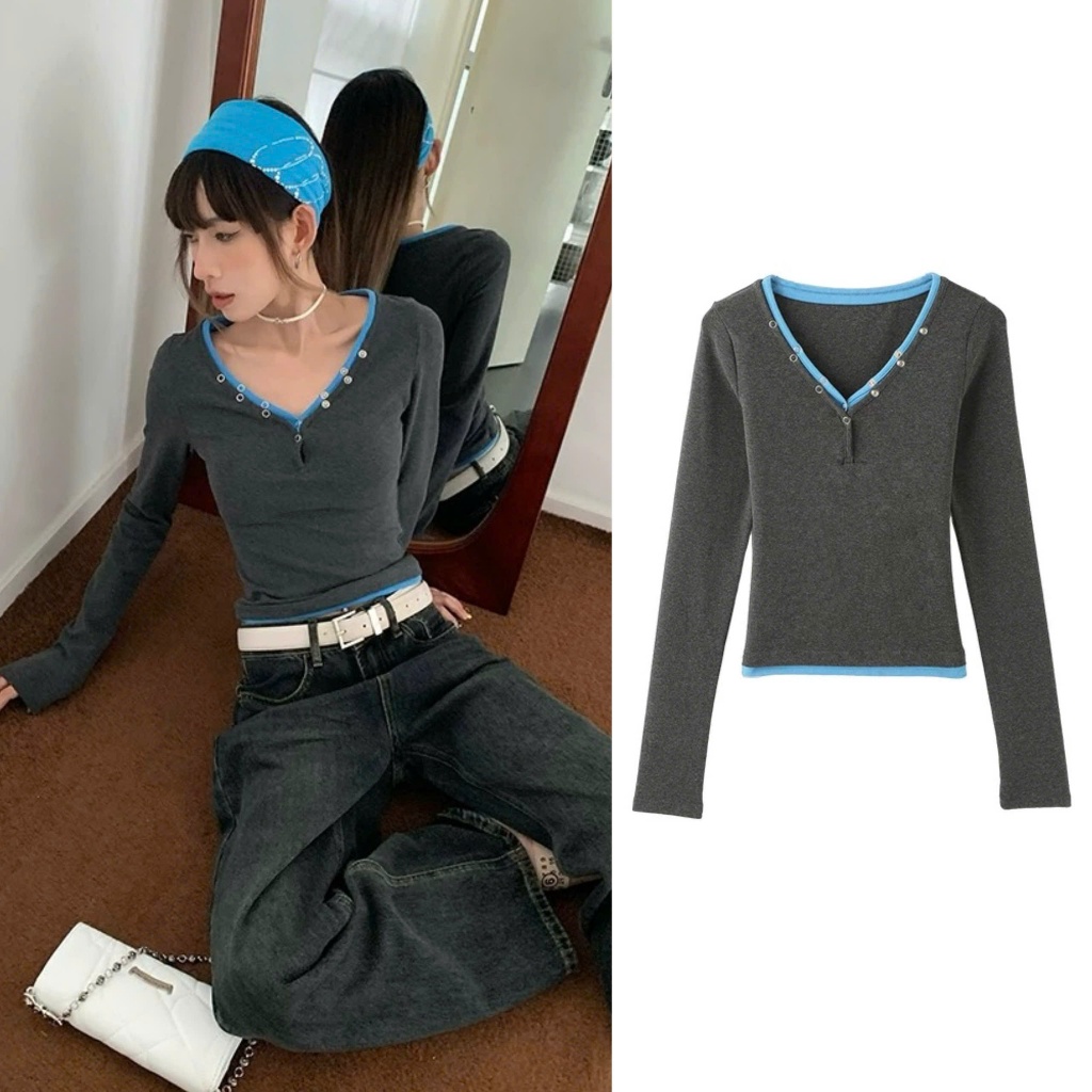 (sẵn)Áo dài tay màu ghi đậm layer xanh khuy cài cổ V chất co giãn mùa thu đông ATDT055 - Tiktik