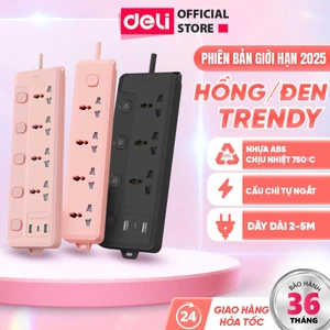 Ổ Cắm Điện Đa Năng Deli Chịu Tải 2500W Có Cổng USB, Dây Dài 3-5m Có Chốt An Toàn Ổ Điện