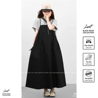 Set đồ nữ đầm yếm đen dài phối áo thun xám cá tính LUST, Set yếm phong cách trẻ trung năng động Y132