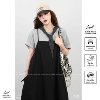 Set đồ nữ đầm yếm đen dài phối áo thun xám cá tính LUST, Set yếm phong cách trẻ trung năng động Y132