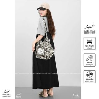 Set đồ nữ đầm yếm đen dài phối áo thun xám cá tính LUST, Set yếm phong cách trẻ trung năng động Y132