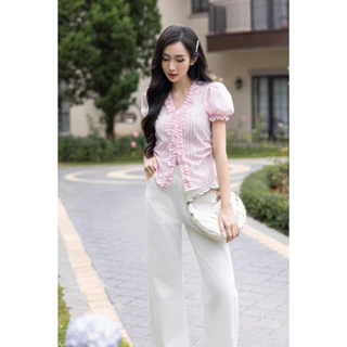 MARC FASHION Áo Sọc Tay Phồng Phối Bèo Viền Cổ - FAAK102518