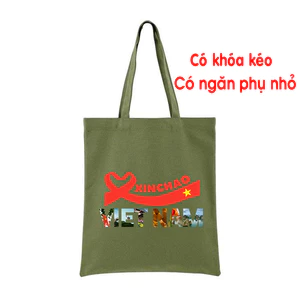 Túi Tote màu xanh có khóa Xin chào Việt Nam túi vải canvas dùng đi chơi đi học thời trang đeo vai 35x40cm tuie0267