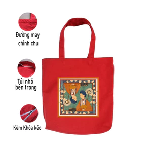 Túi Tote màu đỏ có khóa in hình Việt Phục phụ nữ Việt Nam túi vải canvas du lịch đi chơi đi học thời trang đeo vai