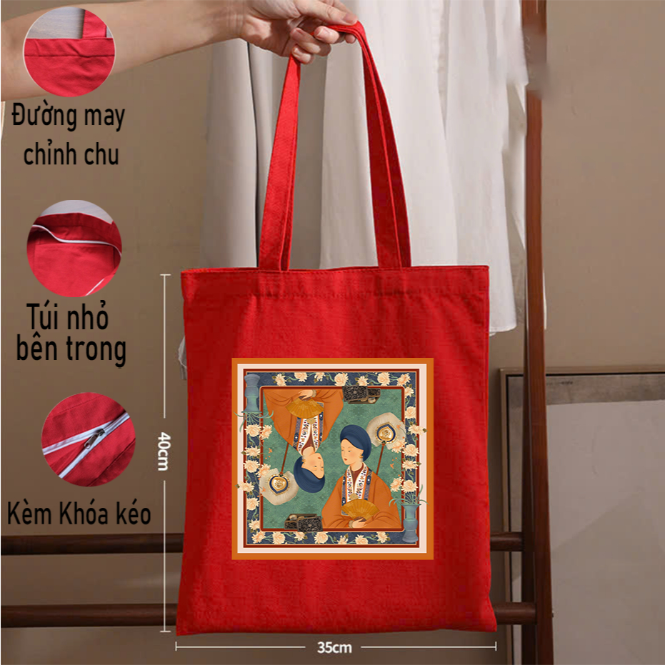 Túi Tote màu đỏ có khóa in hình Việt Phục phụ nữ Việt Nam túi vải canvas du lịch đi chơi đi học thời trang đeo vai