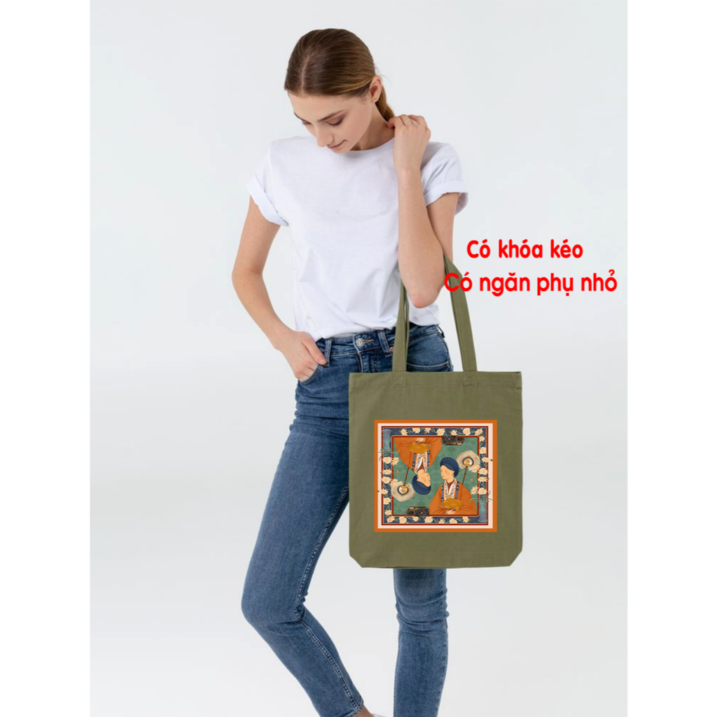 Túi Tote màu xanh có khóa Việt Phục phụ nữ Việt Nam túi vải canvas dùng đi chơi đi học thời trang đeo vai tuie0265