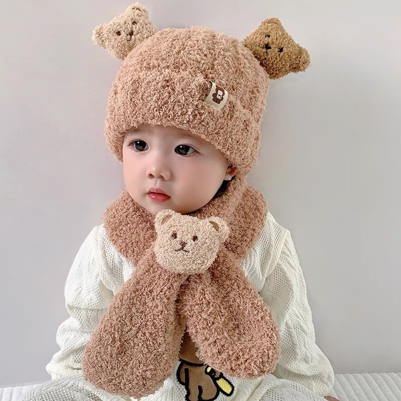 Mũ khăn mùa đông cho bé chất liệu lông 2 lớp giữ ấm cho bé thiết kế cute cực xinh hàng Quảng Châu