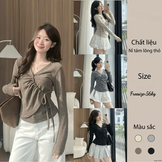 ( SẴN ) Áo Nỉ Tăm Lông Thỏ Cổ V Dây Rút Buộc Hông Thời Trang Nữ