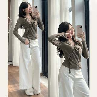 ( SẴN ) Áo Nỉ Tăm Lông Thỏ Cổ V Dây Rút Buộc Hông Thời Trang Nữ