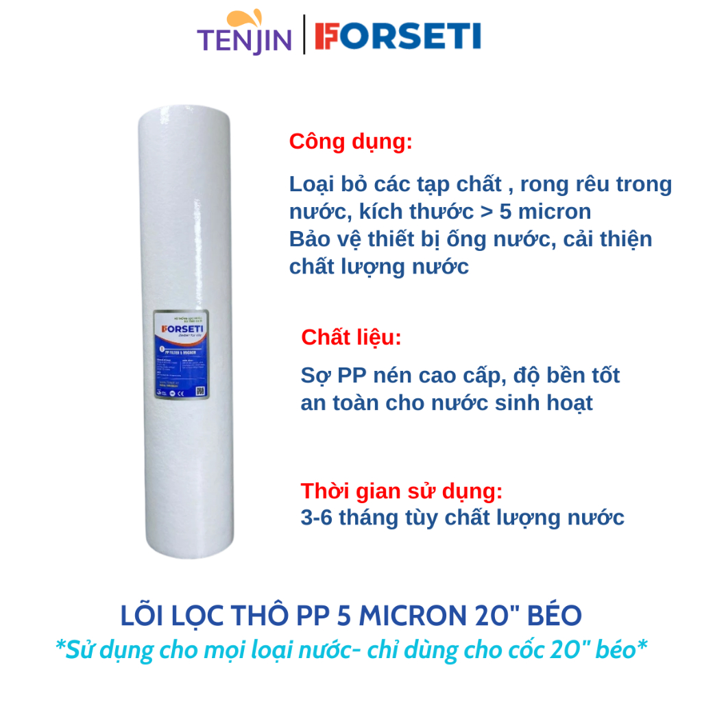 Lõi Lọc Thô Đầu Nguồn Dùng Cho Cốc 20 Inch Béo (Jumboo) -Forseti Chính Hãng Giúp Loại Bỏ Tạp Chất Trong Nước