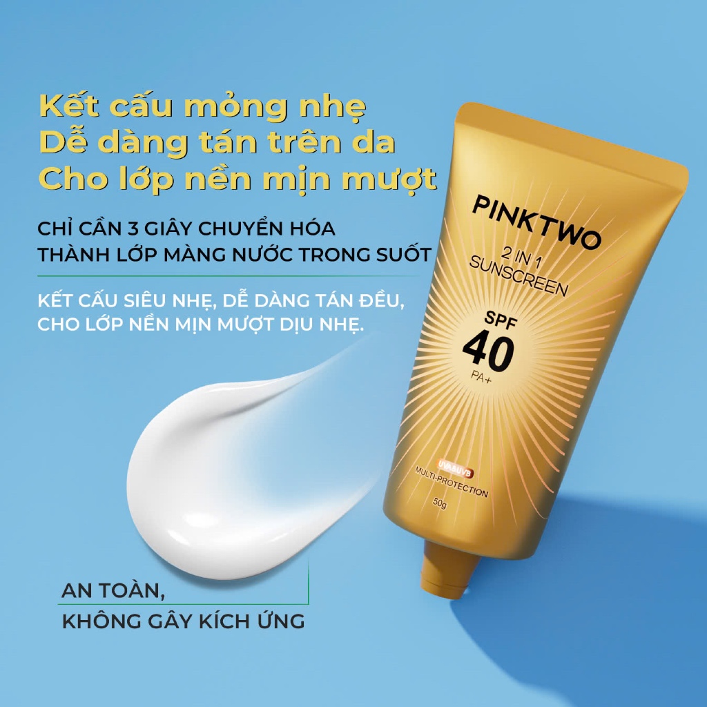 Kem Chống Nắng PINKTWO 2in1 SPF40 PA+ – Dịu Nhẹ, Dưỡng Da, Không Nhờn Rít (Phù Hợp Mọi Loại Da)