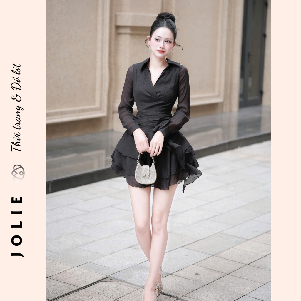 Váy Nữ Thiết Kế Dự Tiệc Sang Trọng/Đầm Voan Phối Organza Xếp Tầng Tay Dài Cổ Sơ Mi Thanh Lịch