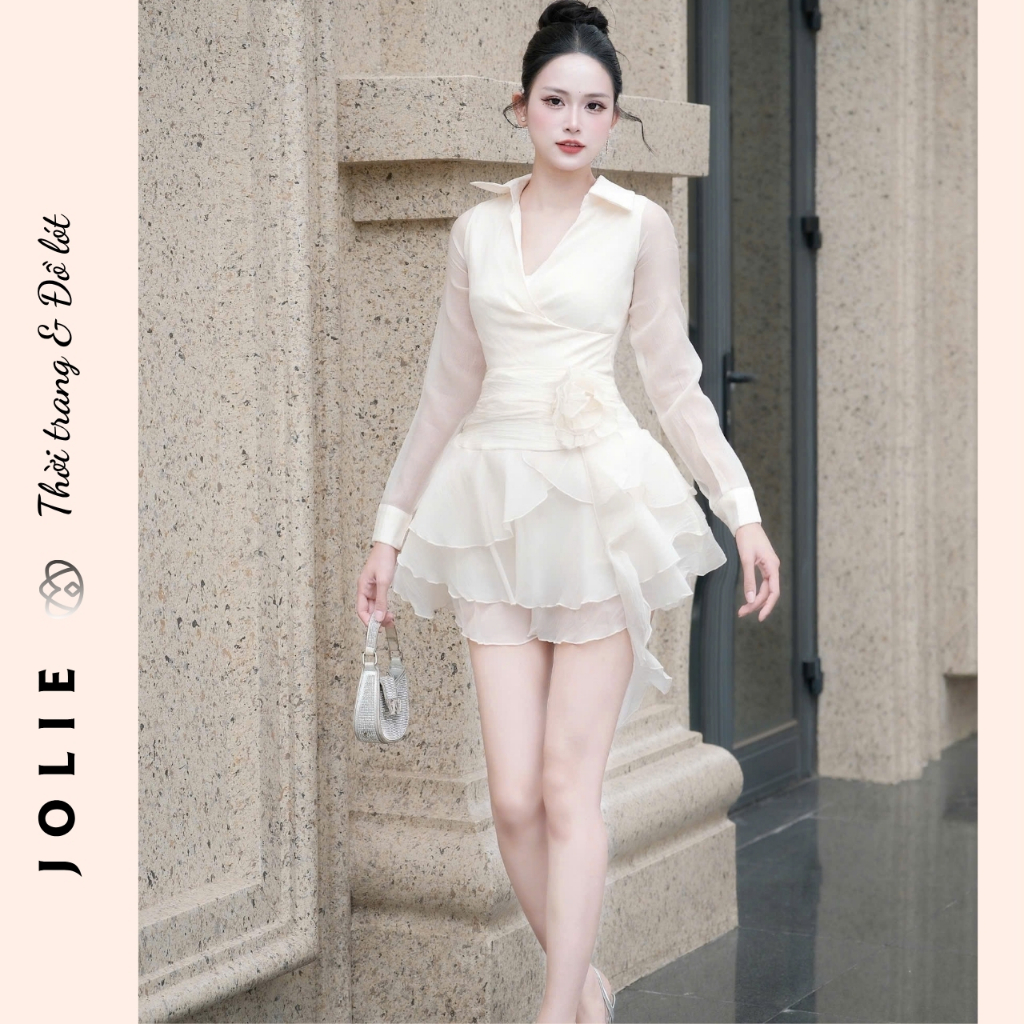Váy Nữ Thiết Kế Dự Tiệc Sang Trọng/Đầm Voan Phối Organza Xếp Tầng Tay Dài Cổ Sơ Mi Thanh Lịch