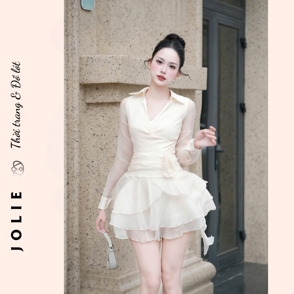 Váy Nữ Thiết Kế Dự Tiệc Sang Trọng/Đầm Voan Phối Organza Xếp Tầng Tay Dài Cổ Sơ Mi Thanh Lịch