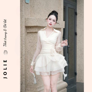Váy Nữ Thiết Kế Dự Tiệc Sang Trọng/Đầm Voan Phối Organza Xếp Tầng Tay Dài Cổ Sơ Mi Thanh Lịch