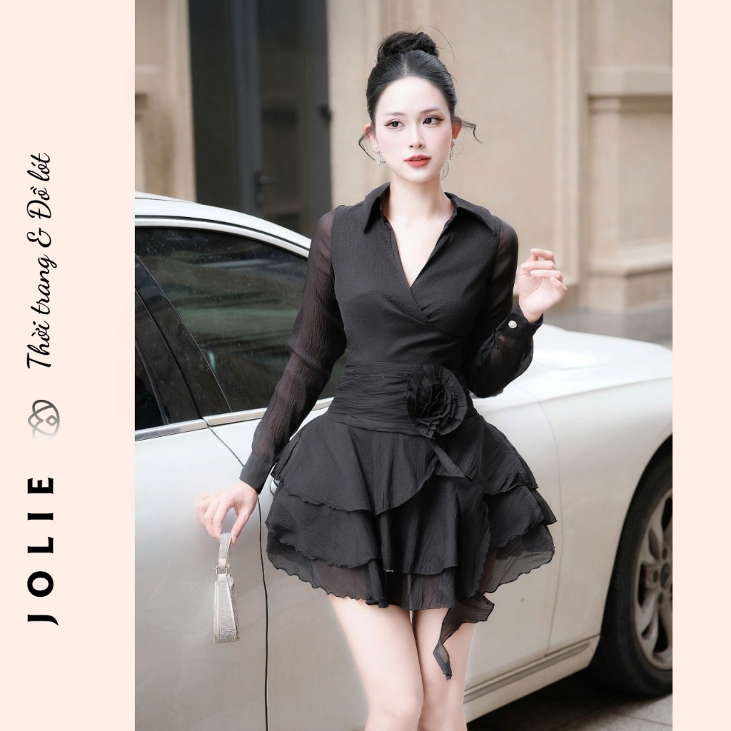 Váy Nữ Thiết Kế Dự Tiệc Sang Trọng/Đầm Voan Phối Organza Xếp Tầng Tay Dài Cổ Sơ Mi Thanh Lịch