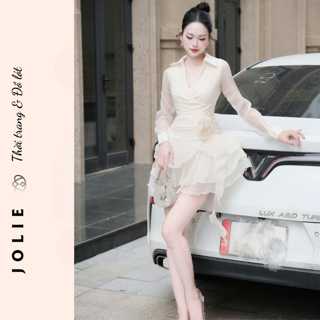 Váy Nữ Thiết Kế Dự Tiệc Sang Trọng/Đầm Voan Phối Organza Xếp Tầng Tay Dài Cổ Sơ Mi Thanh Lịch