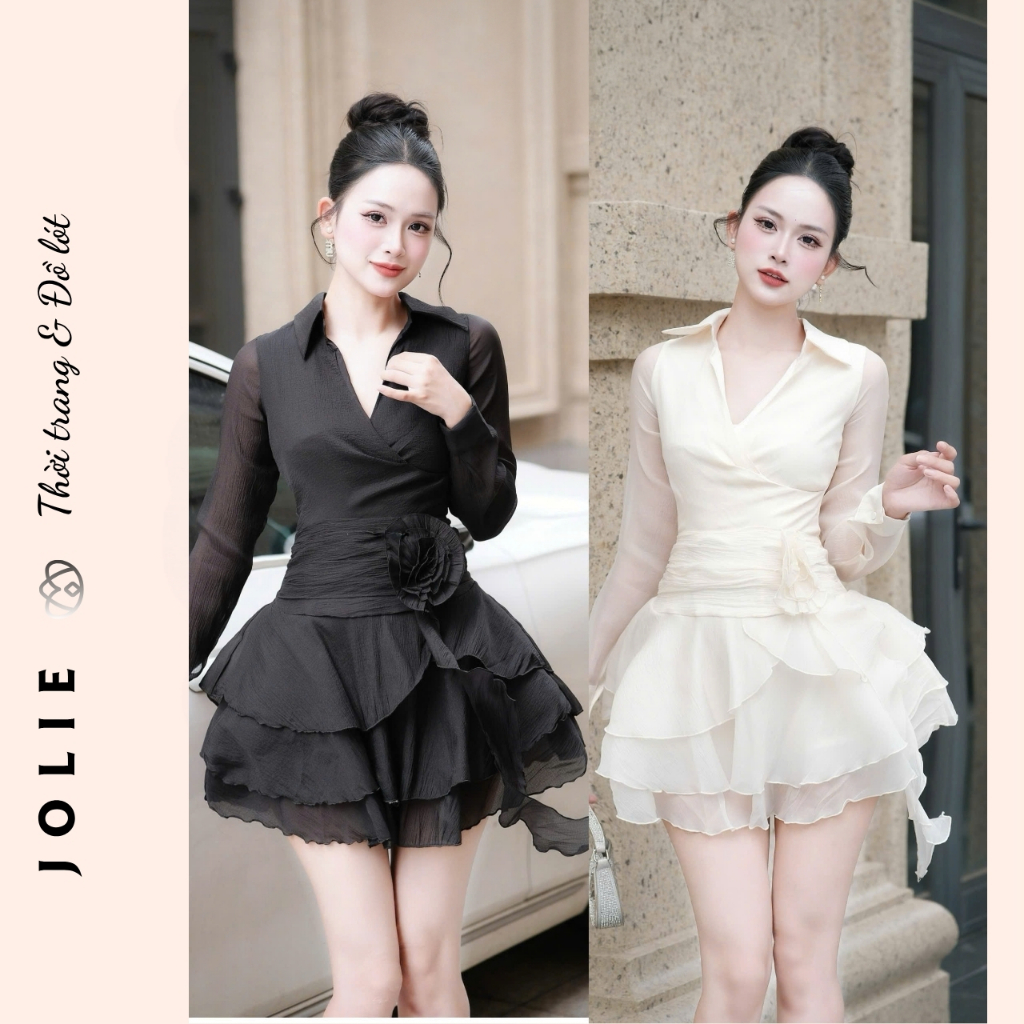 Váy Nữ Thiết Kế Dự Tiệc Sang Trọng/Đầm Voan Phối Organza Xếp Tầng Tay Dài Cổ Sơ Mi Thanh Lịch