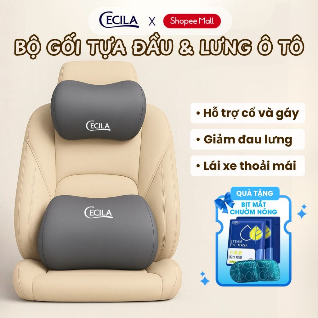 Bộ gối tựa đầu và tựa lưng ô tô CECILA thiết kế công thái học giảm đau cổ vai gáy, thắt lưng giúp thoái mái lái xe