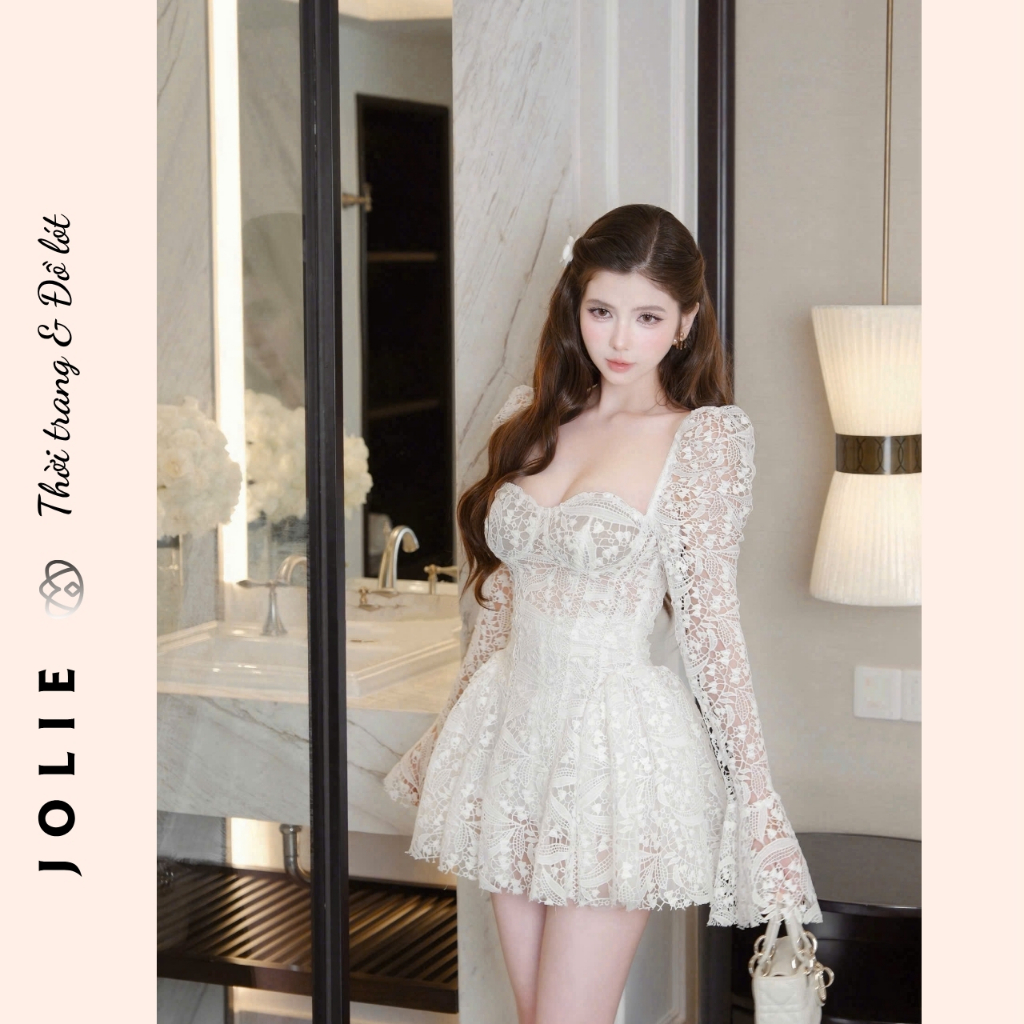 Đầm Thiết Kế JOLIE Đen Ren Cúp Ngực Tay Dài Phối Loa Xòe Ngắn Sexy