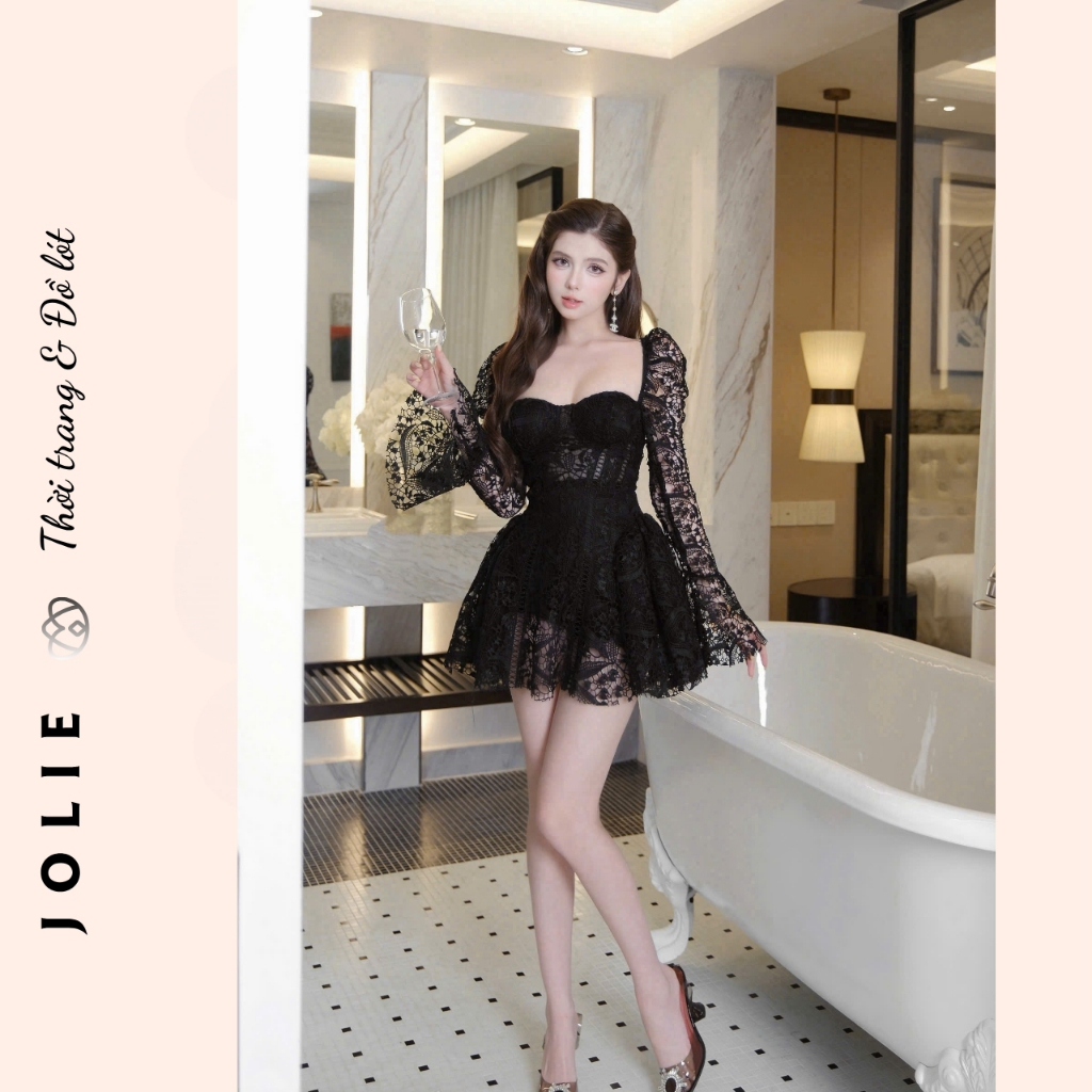 Đầm Thiết Kế JOLIE Đen Ren Cúp Ngực Tay Dài Phối Loa Xòe Ngắn Sexy