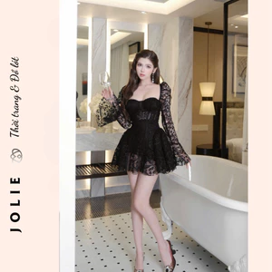 Đầm Thiết Kế JOLIE Đen Ren Cúp Ngực Tay Dài Phối Loa Xòe Ngắn Sexy