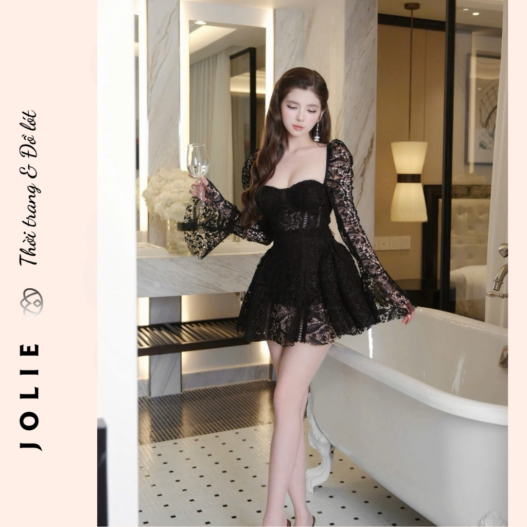 Đầm Thiết Kế JOLIE Đen Ren Cúp Ngực Tay Dài Phối Loa Xòe Ngắn Sexy