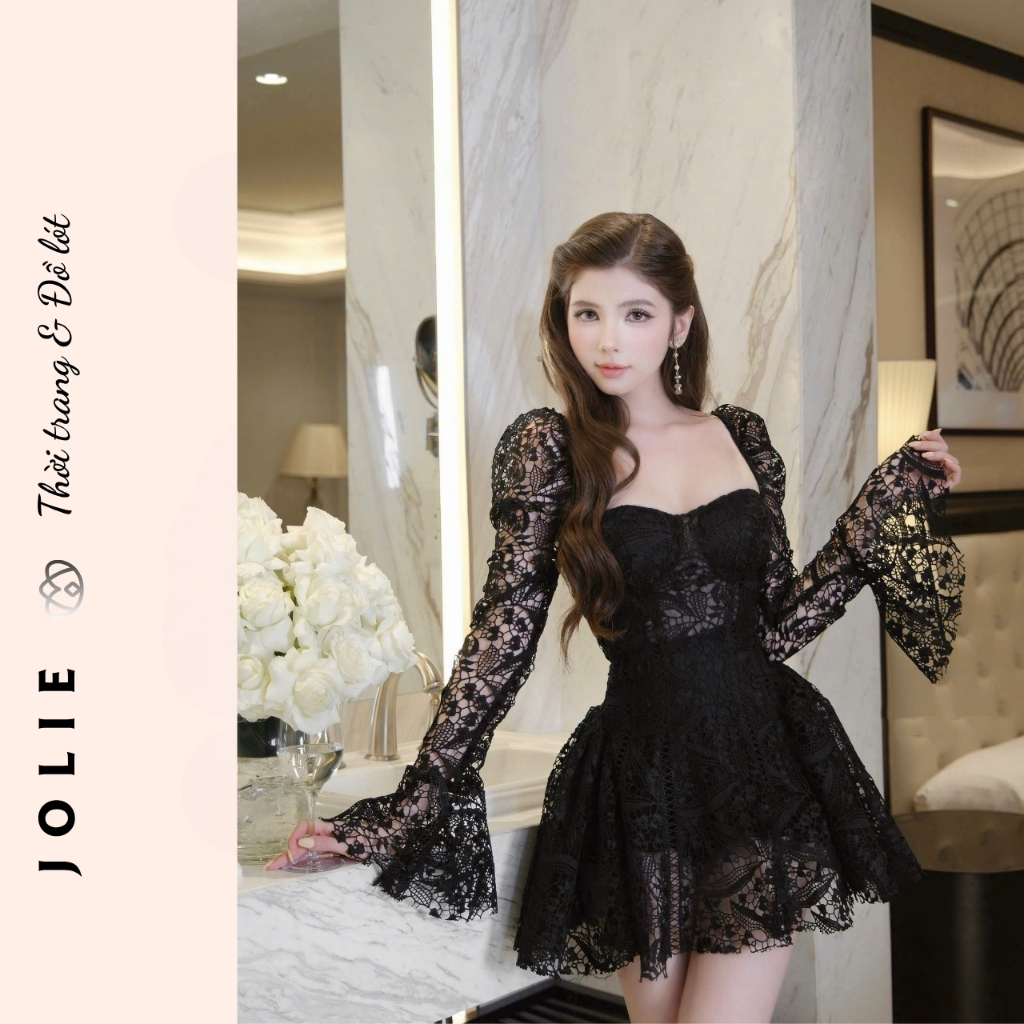 Đầm Thiết Kế JOLIE Đen Ren Cúp Ngực Tay Dài Phối Loa Xòe Ngắn Sexy