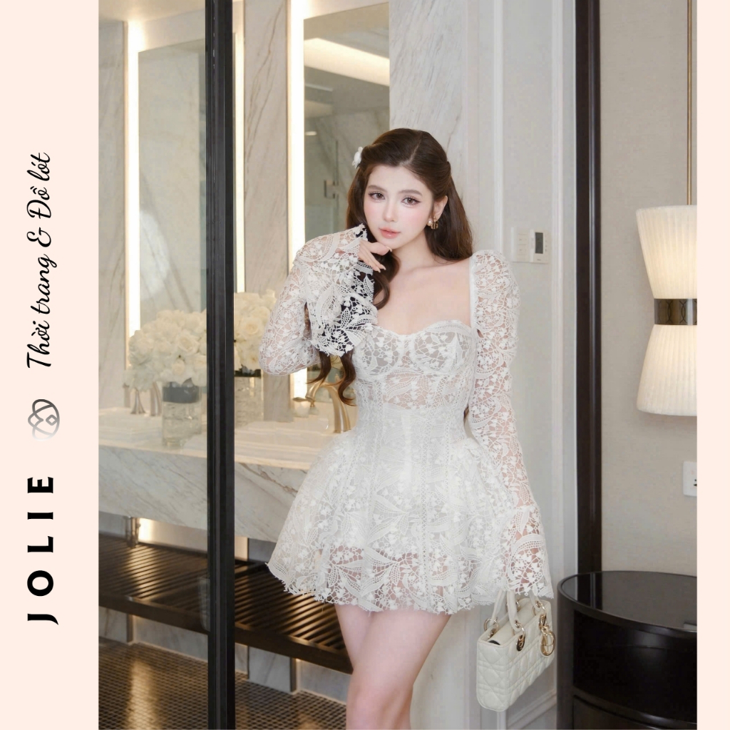 Đầm Thiết Kế JOLIE Đen Ren Cúp Ngực Tay Dài Phối Loa Xòe Ngắn Sexy