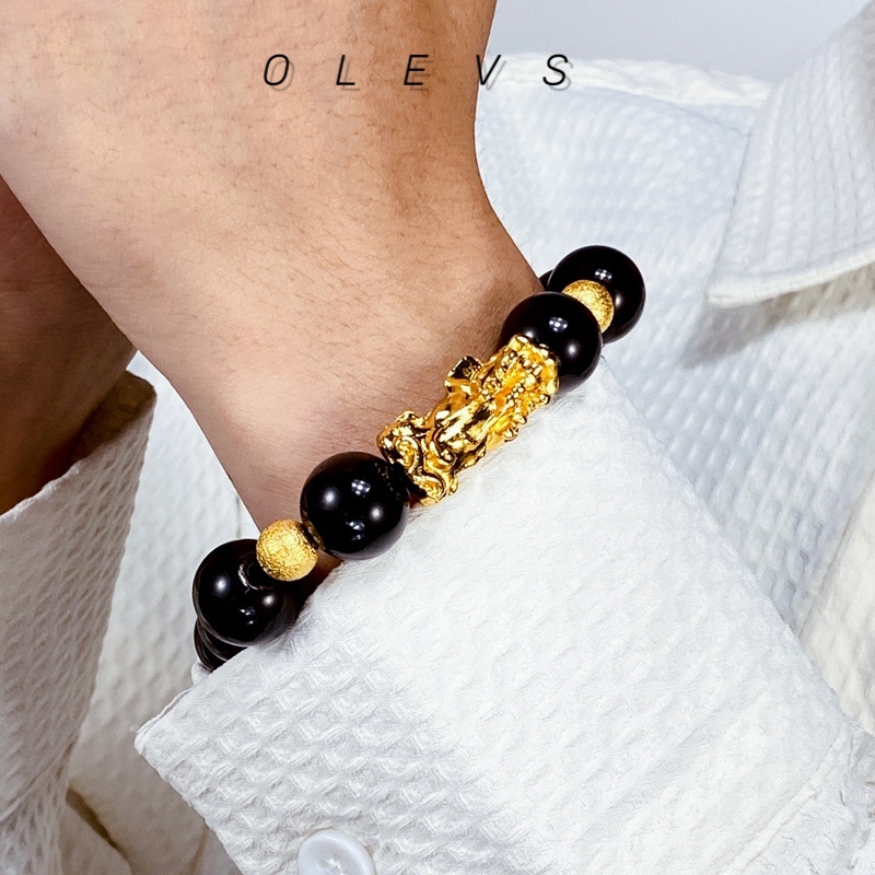 OLEVS Nguyên bản Vòng tay Tỳ Hưu Obsidian và Vàng hút tài lộc may mắn