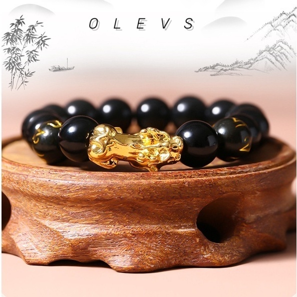 OLEVS Nguyên bản Vòng tay Tỳ Hưu Obsidian và Vàng hút tài lộc may mắn