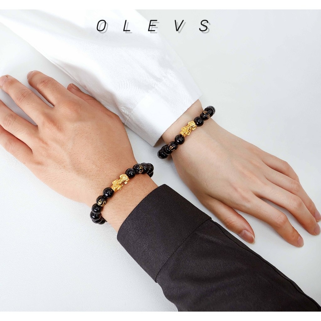 OLEVS Nguyên bản Vòng tay Tỳ Hưu Obsidian và Vàng hút tài lộc may mắn