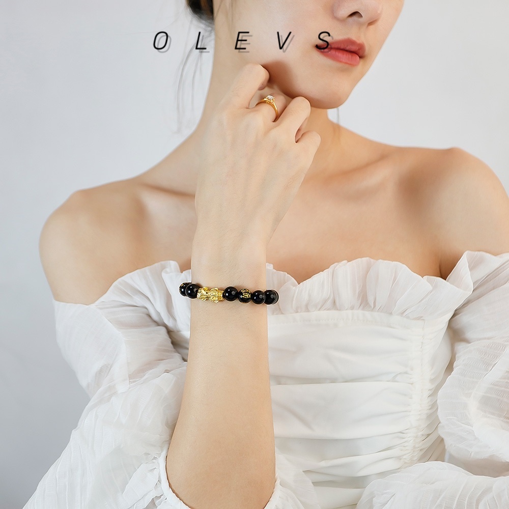 OLEVS Nguyên bản Vòng tay Tỳ Hưu Obsidian và Vàng hút tài lộc may mắn