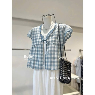 ( SẴN ) Áo Babydoll Cổ V Phối Thun Mix Viền Bèo Thời Trang Nữ