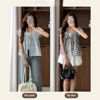 ( SẴN ) Áo Babydoll Cổ V Phối Thun Mix Viền Bèo Thời Trang Nữ