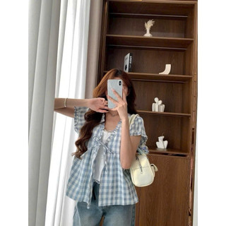 ( SẴN ) Áo Babydoll Cổ V Phối Thun Mix Viền Bèo Thời Trang Nữ