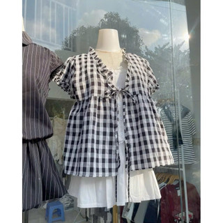 ( SẴN ) Áo Babydoll Cổ V Phối Thun Mix Viền Bèo Thời Trang Nữ