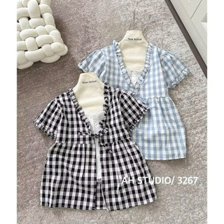 ( SẴN ) Áo Babydoll Cổ V Phối Thun Mix Viền Bèo Thời Trang Nữ