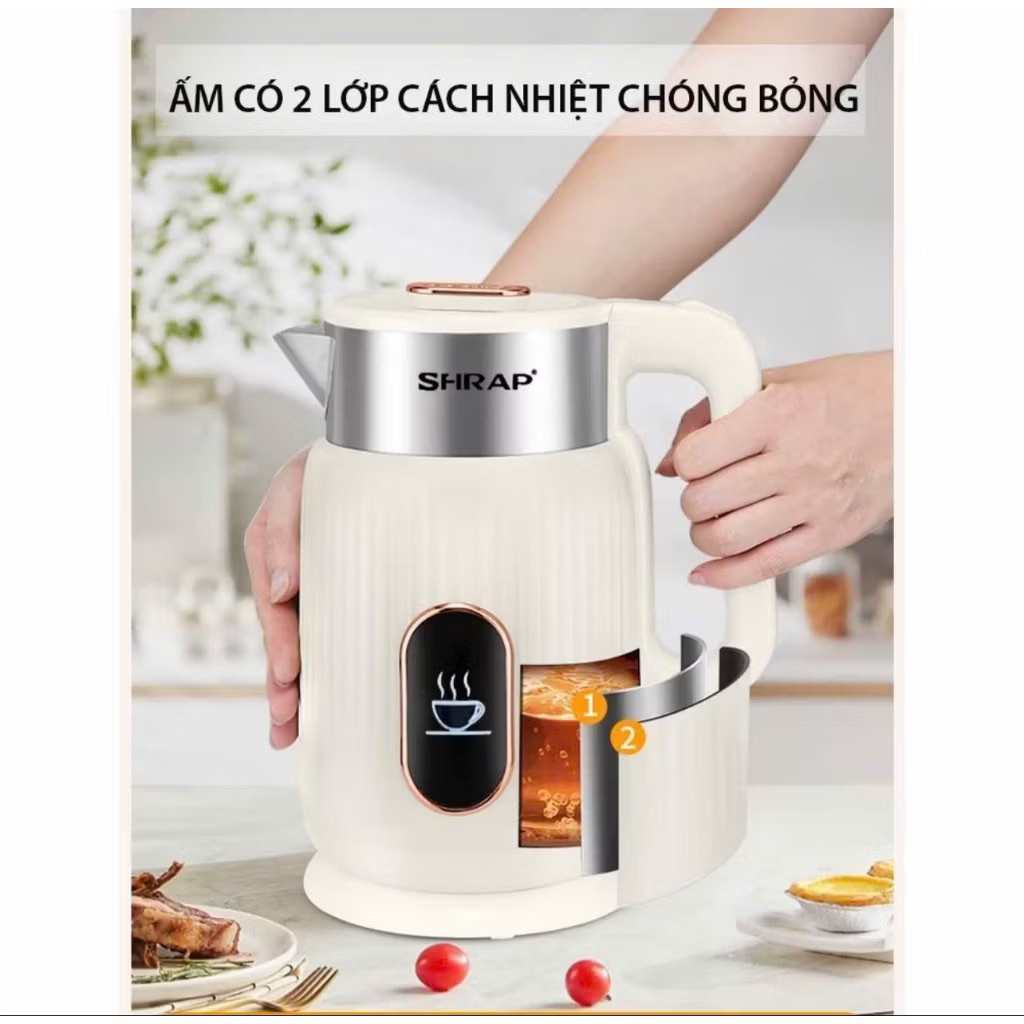 ( SALE 50%) Ấm Siêu Tốc Mẫu Mới SHRAP SH-8. Dung Tích 3.2L Có 2 Lớp Cách Nhiệt, Công Suất 1500W Tự Động Ngắt Khi Sôi